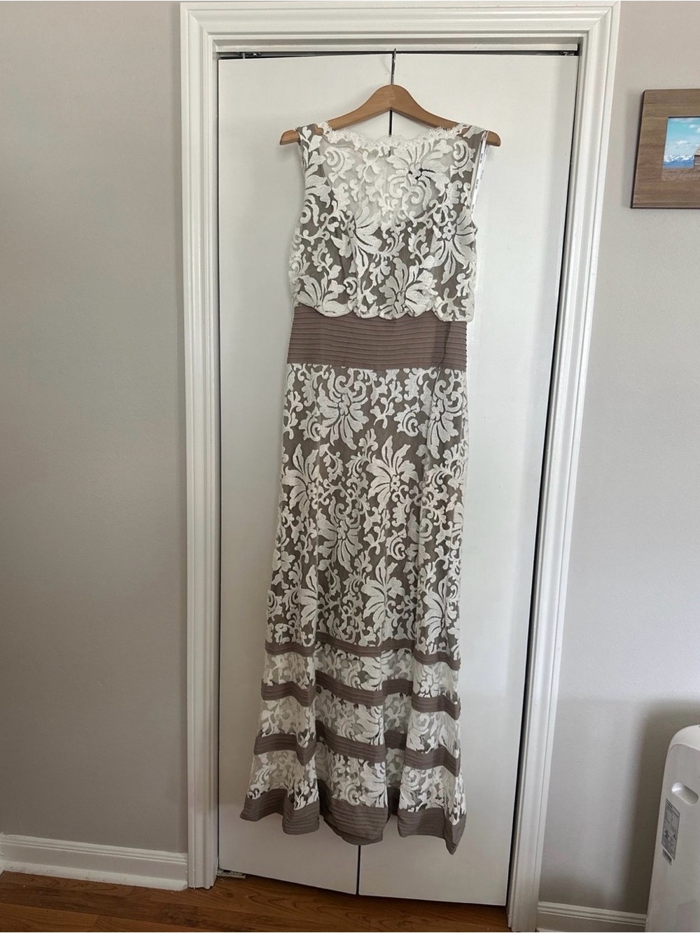 Cream and Taupe Full Length Gown with Lace